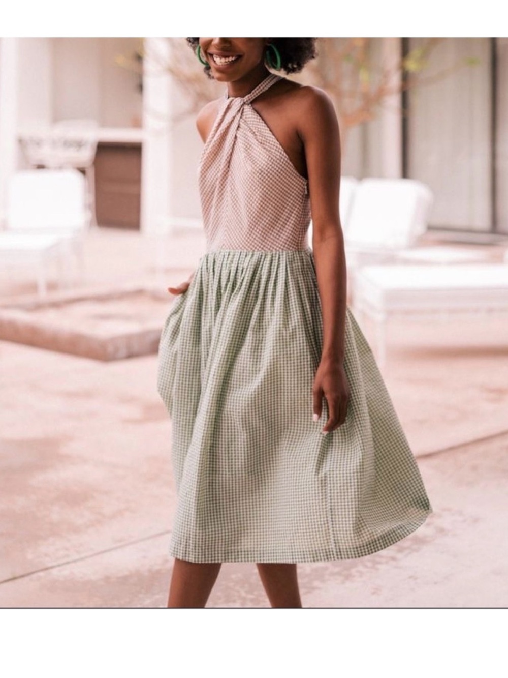 Gal Meets Glam Two-Tone Gingham Midi Dress in Beige and Sage Green